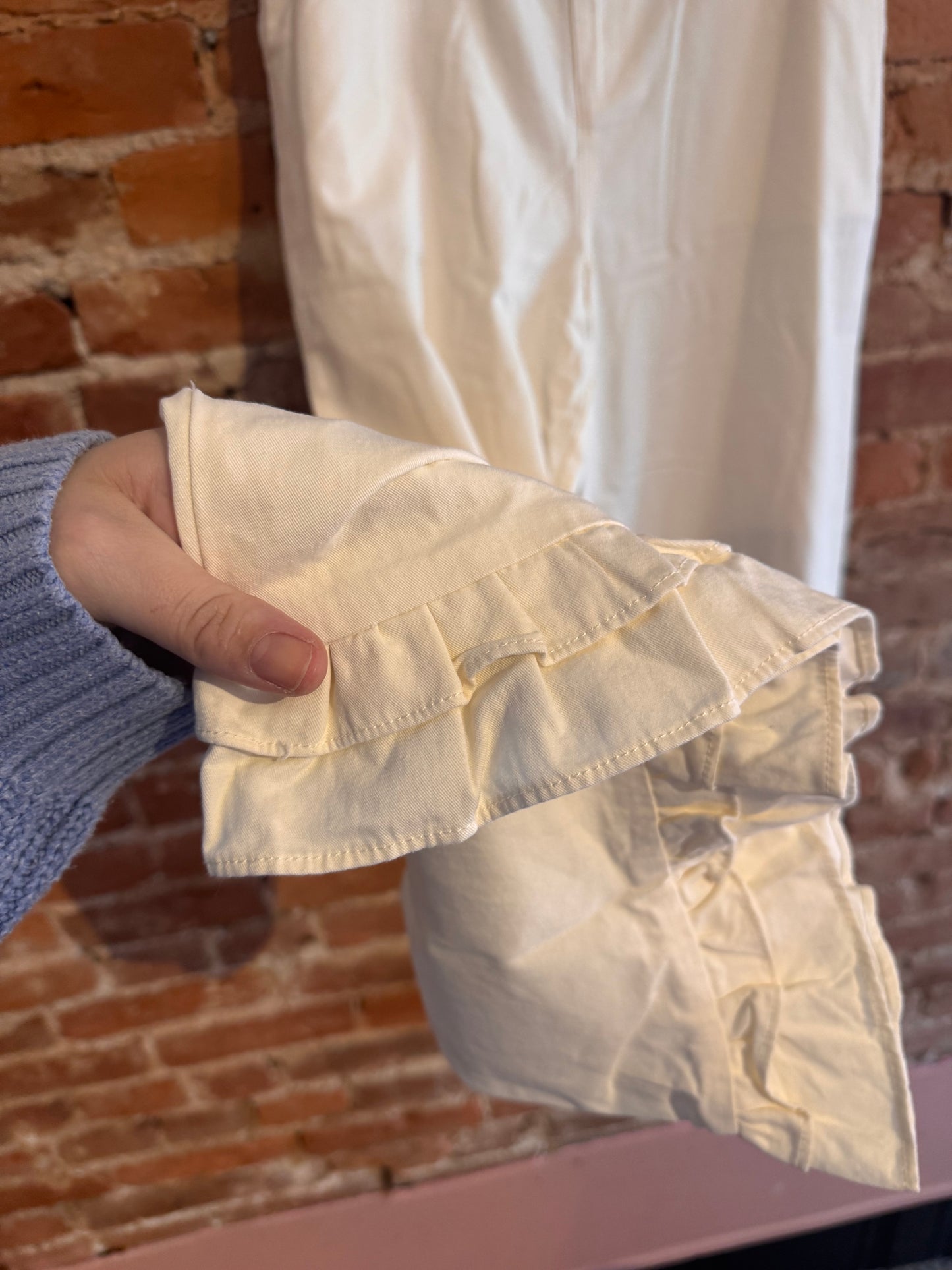 White Denim Ruffle Pants