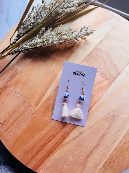 Blue and white beaded earrings
