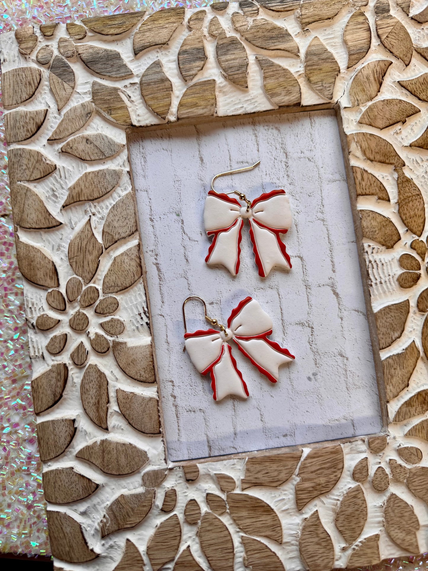 Red and White Ruffle Bows | Clay Earrings